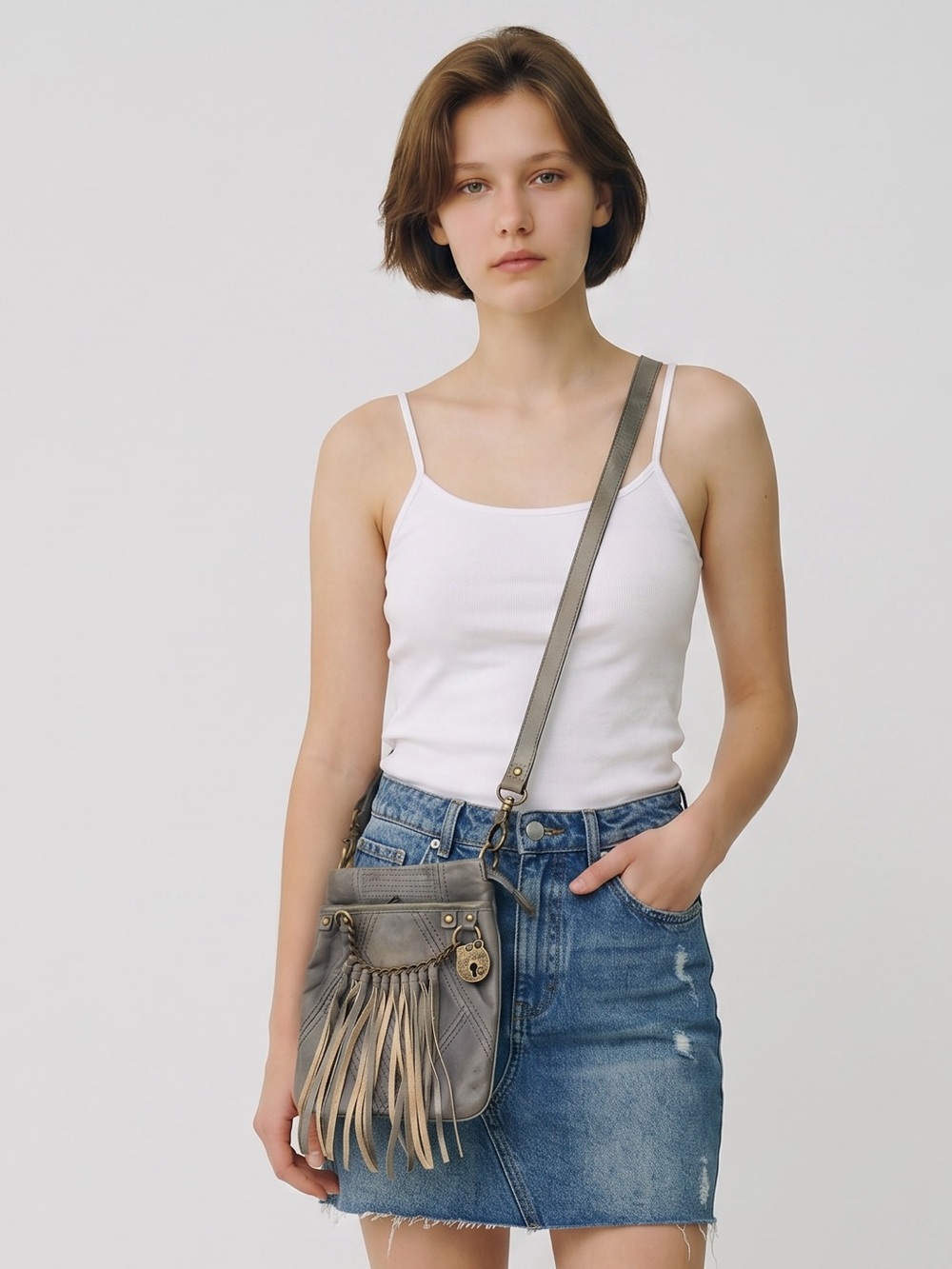 Vintage Y2K Juicy Couture Gray Fringe Leather Crossbody Bag. Festival. Western